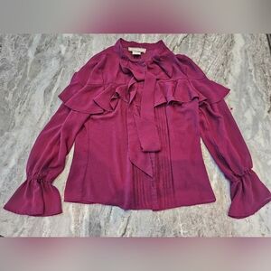 Flying Tomato Burgundy Ruffle Blouse Size Small Bell Sleeve Tie Neck